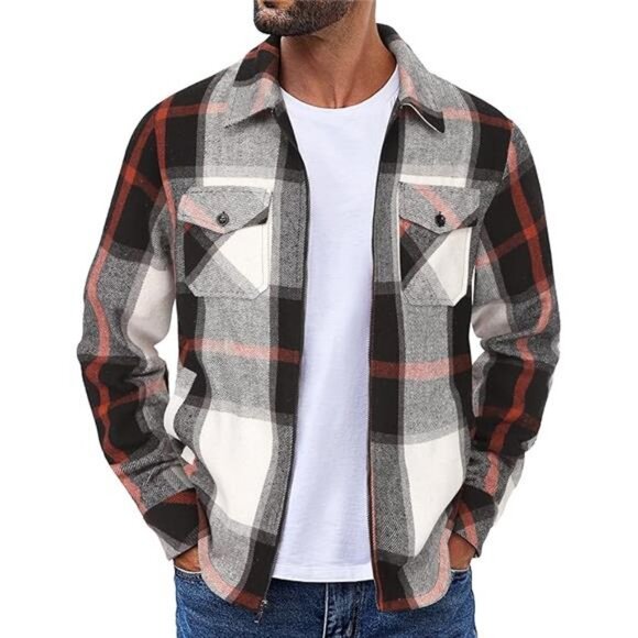 Men Flannel Jackets Full Zip Up Plaid Shirt Shackets Cotton Lightweight Jackets - Picture 6 of 6